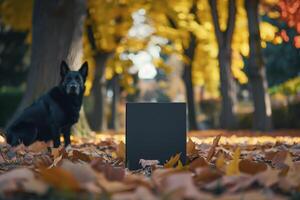 Black Box with Dog in Autumn Park Surrounded by Colorful Leaves under a Canopy of Trees photo