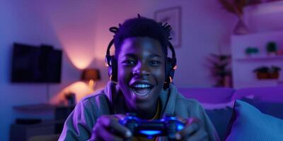 Excited Teenage Boy Gaming at Home with Headset and Controller, Enjoying Victory with a Bright Smile photo