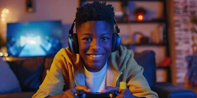 Happy Teenage Boy Enjoying Gaming at Home with Headphones and Controller, Smiling and Cheering While Immersed in Gameplay photo