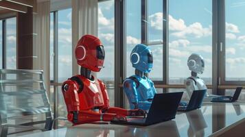 Futuristic Office Scene with Humanoid Robots Working at Desks in a Bright Room with Panoramic Windows photo
