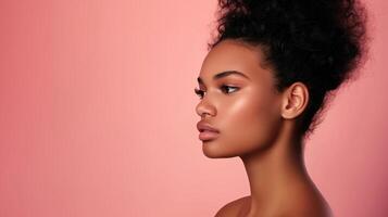 Beautiful Model with Radiant Skin Isolated on Pink Background in Studio Portrait Photography photo