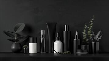 Minimalist Collection of Cosmetic Products With Black and White Packaging on Dark Background photo