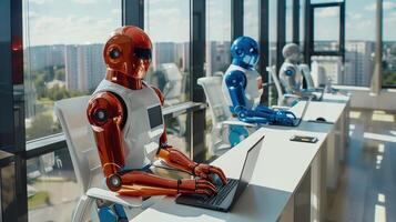 Futuristic Office with Robots Working at Laptops in a Bright Room with Large Panoramic Windows photo