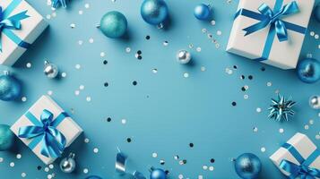 Elegant Christmas Banner Mockup with Blue Decorations and Gift Boxes on a Vibrant Blue Background photo