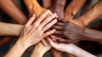 Diverse Group of Hands Together in Unity and Teamwork Expressing Community and Support photo