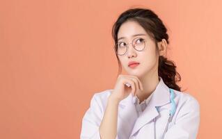 Thoughtful Young Female Doctor in Uniform Contemplating, Wearing Glasses Against a Soft Peach Background photo