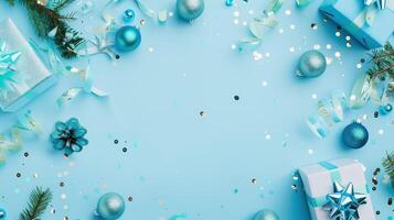 Festive Christmas Banner Mockup with Blue Gifts and Decorations on a Sparkling Background photo