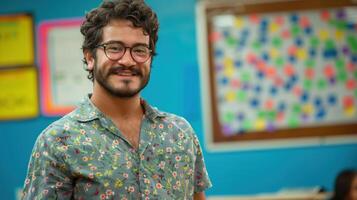 Confident Brazilian Public School Teacher Smiling in Colorful Classroom Setting photo