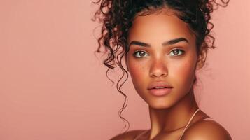 Beautiful Model With Freckles and Radiant Skin Against a Peach Background for Skincare and Beauty Concepts photo