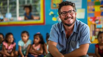 Brazilian Public School Teacher Smiling in a Classroom with Young Students Seated in the Background photo