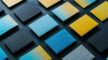 Colorful Business Cards with Gradient and Embossed Design in Modern Layout on Dark Surface photo