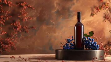 Elegant Bottle of Red Wine on Black Podium Surrounded by Blue Grapes and Rustic Autumn Background photo