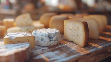 Assorted Artisan Cheeses Displayed on a Rustic Wooden Table in Sunlit Environment photo