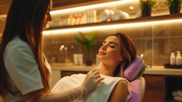 Aesthetician Performing Relaxing Facial Treatment in Tranquil Spa Setting with Professional Care and Calm Atmosphere photo
