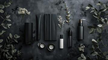Elegant Black and White Cosmetic Products on Dark Background with Greenery and Flowers photo