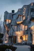 Breathtaking 3D Printed Layered Facades of a Modern Architectural Building at Dusk with Warm Interior Lighting photo