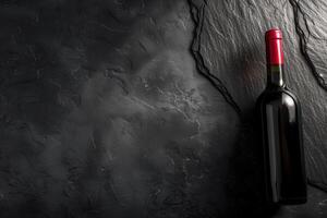 Elegant Dark Wine Bottle with Red Cap on Dark Slate Background with Minimalistic Light Spot photo