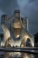 Breathtaking 3D Printed Building Facade with Unique Layered Design and Illuminated Patterns at Sunset photo