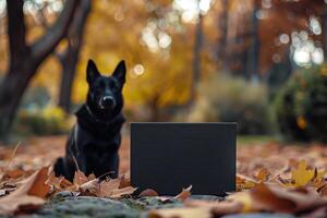 Black Box and Dog in Autumn Forest Setting with Falling Leaves and Cozy Atmosphere photo