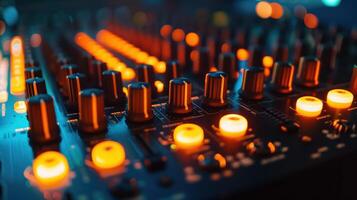 Close-Up of Sound Equalizer with Amber Lights in a Music Studio Setting, Featuring Detailed Audio Control Knobs and Vibrant Ambient Lighting photo
