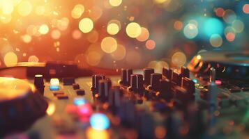 Vibrant Deep House Music Scene With Mixing Console and Colorful Bokeh Effects in a Nightclub Ambience photo