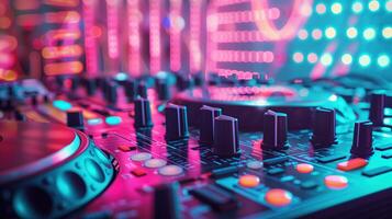 Vibrant DJ Mixer in Neon Lights Captures Deep House Music Vibes and Electronic Dance Party Atmosphere photo