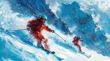 Dynamic Movie Poster Featuring Two Skiers Racing Down a Snowy Mountain Slope with Majestic Peaks in the Background photo