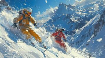 Dynamic Winter Adventure Two Skiers Descending a Snowy Mountain with Speed and Confidence Under a Clear Blue Sky photo