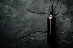 Dark Wine Bottle on Textured Slate Surface with Subtle Light Spot Creating Elegant and Sophisticated Mood photo