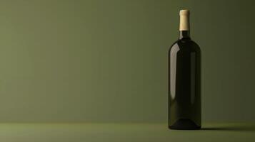 Elegant Wine Bottle Rendered on a Solid Olive Green Background for Stylish Beverage Branding photo