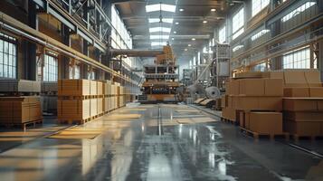 Large Industrial Machine Producing Cardboard in a Modern Factory Setting with Stacks of Sheets and Boxes photo