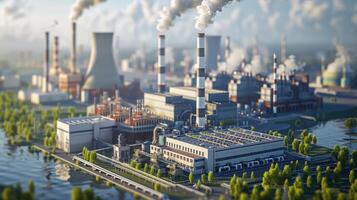 Lignite Power Plant Producing Electrical Energy with Smokestacks and Industrial Buildings in a Green Landscape photo