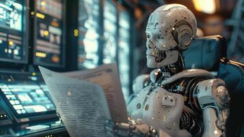Futuristic AI Robot Analyzing Data Inside An Advanced Computer Network Environment photo