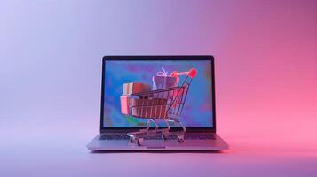 Creative Studio Shot of Open MacBook Air with Shopping Cart Displaying Online Shopping Concept photo
