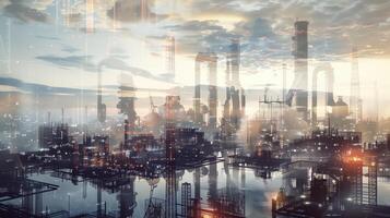 Futuristic Industrial Cityscape with Energy Plants and Factories at Dawn photo