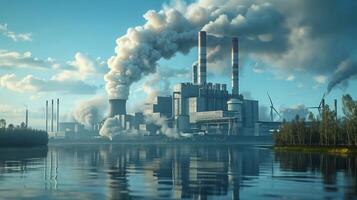 Lignite Power Plant Producing Electrical Energy with Smoke Stacks and Wind Turbines on a Clear Day photo