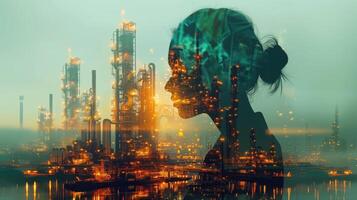 Silhouette of Woman Merged with Futuristic Industrial Plant at Night Reflecting Energy and Innovation photo
