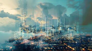 Futuristic Energy Industry Factory With Advanced Technology and Cityscape View Under Cloudy Sky photo