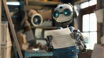 Futuristic AI Robot Analyzing Documents in a Modern Workshop Environment with Advanced Technology photo