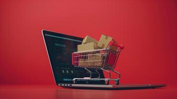 Online Shopping Concept With Shopping Cart and Cardboard Boxes on Laptop photo