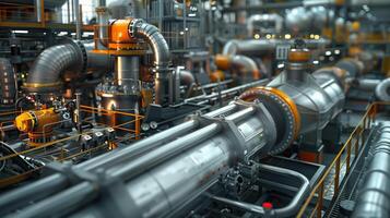 Horizontal View of a Modern Industrial Facility with Complex Machinery and Metal Pipes photo