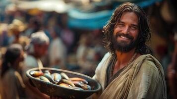 Smiling Jesus Christ Holding a Bowl of Fish in a Busy Outdoor Market Setting photo