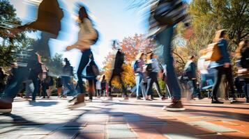 Dynamic Image of College Students Walking Outdoors on Campus in Autumn photo