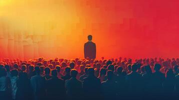 Silhouette of Person Standing Before a Large Crowd at Sunset in Vibrant Scene photo