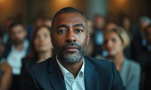 Executive Questioning Audience During Business Presentation in Conference Setting photo