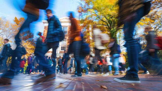 Vibrant Motion of College Students Walking on Campus in Autumn with Colorful Foliage and Historic Building photo