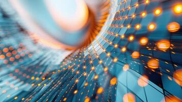 Futuristic Abstract Background with Glowing Geometric Patterns and Dynamic Digital Network in Motion photo