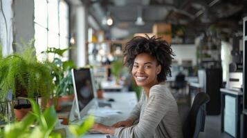 Happy IT Services User Smiling in a Modern Office with Green Plants and Natural Lighting photo