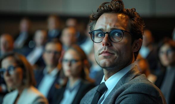 Focused Executive Questioning Audience During an Engaging Business Presentation in a Professional Conference Setting photo