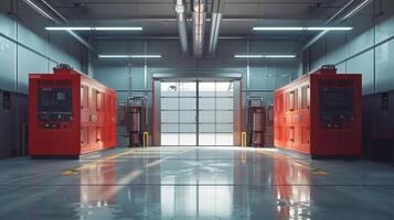 Industrial Generator Room with Two Large Generators in a Modern Factory Setting Featuring Clean, Sleek Design photo